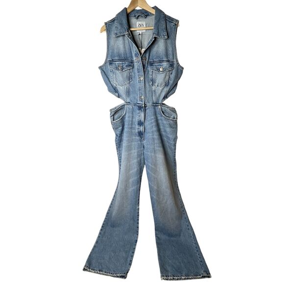 NWT Zara Full Length Denim Cut Out Jumpsuit Sz XL Sleeveless Distressed - Picture 5 of 16